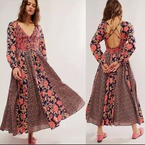 Free People Pink Maxi Dress V-Neck Bishop Sleeve